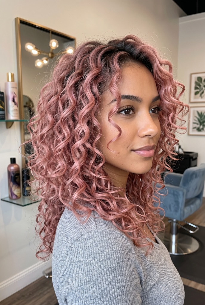 Dusty Rose Curls Hair Color Summer 2026 Dusty pink-rose defined curly hair on woman with medium skin tone in salon