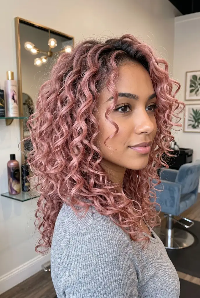 Dusty Rose Curls Hair Color Summer 2026 Dusty pink-rose defined curly hair on woman with medium skin tone in salon