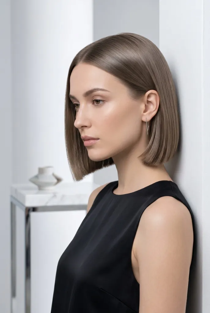 Mushroom Bronde Precision Bob Hair Color 2026 Sleek mushroom-toned bronde chin-length bob with smooth finish in minimalist salon