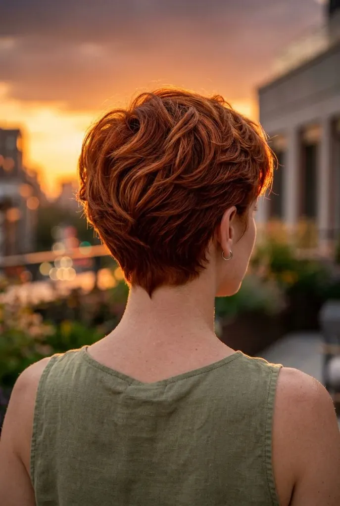 Short wavy copper red pixie cut from behind with sunset city skyline and rooftop garden
