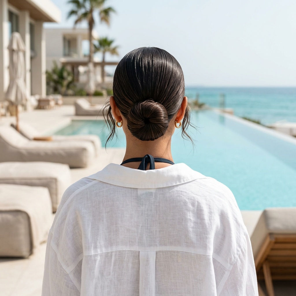 Resort pool micro bun — dark hair in a small, sleek low bun at the nape, white linen shirt over a swimsuit, facing an infinity pool at a luxury beachside resort