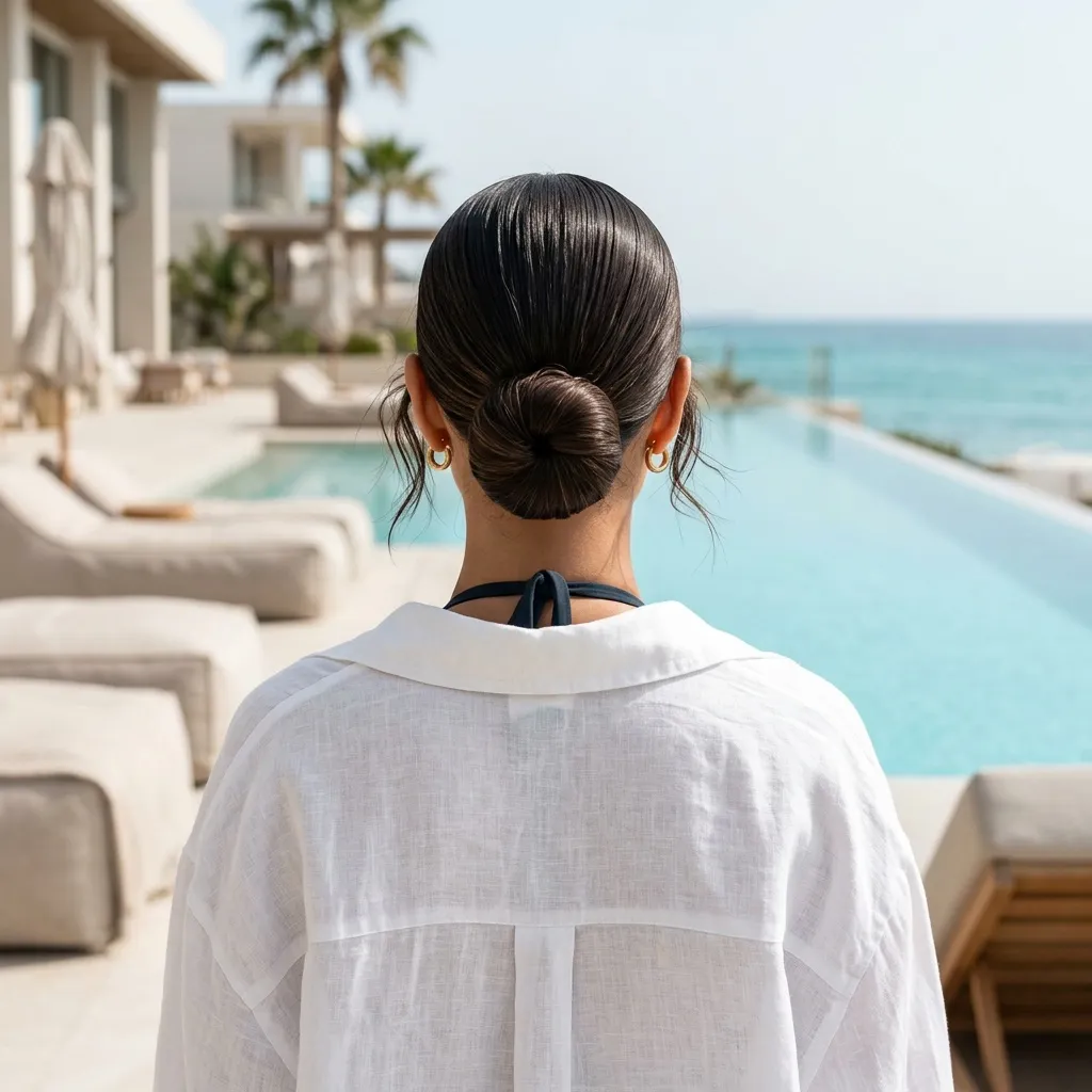 Resort pool micro bun — dark hair in a small, sleek low bun at the nape, white linen shirt over a swimsuit, facing an infinity pool at a luxury beachside resort