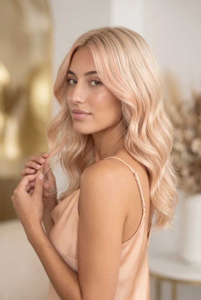 Peach Champagne Waves Summer Hair Color 2026 Soft peach champagne blonde waves on woman with warm skin tone and satin top
