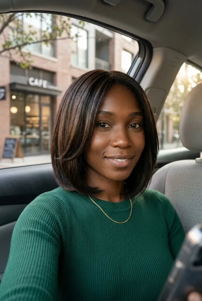 Dark brown chin-length bob with subtle highlights, woman in car taking selfie