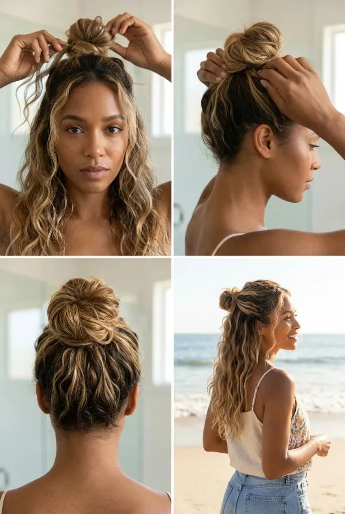 Four-panel tutorial showing messy half-up bun on curly-wavy highlighted hair, beach setting, floral tank top and high-waisted jeans — carefree, tutorial-style, summer