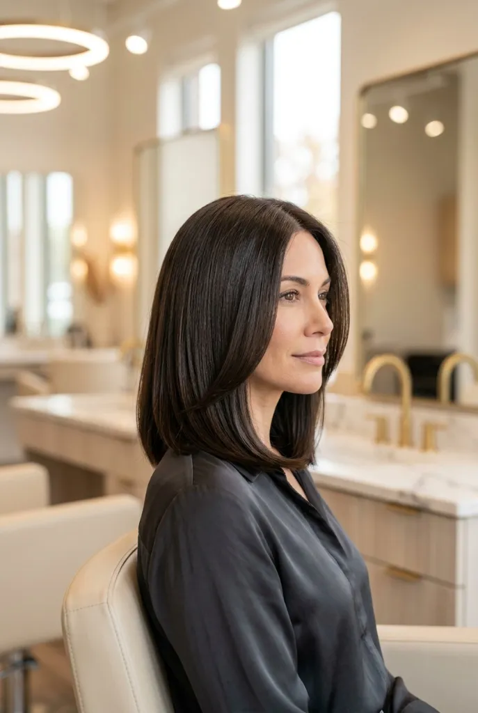 Sleek dark brunette lob haircut with blunt ends and center part in a luxury salon setting