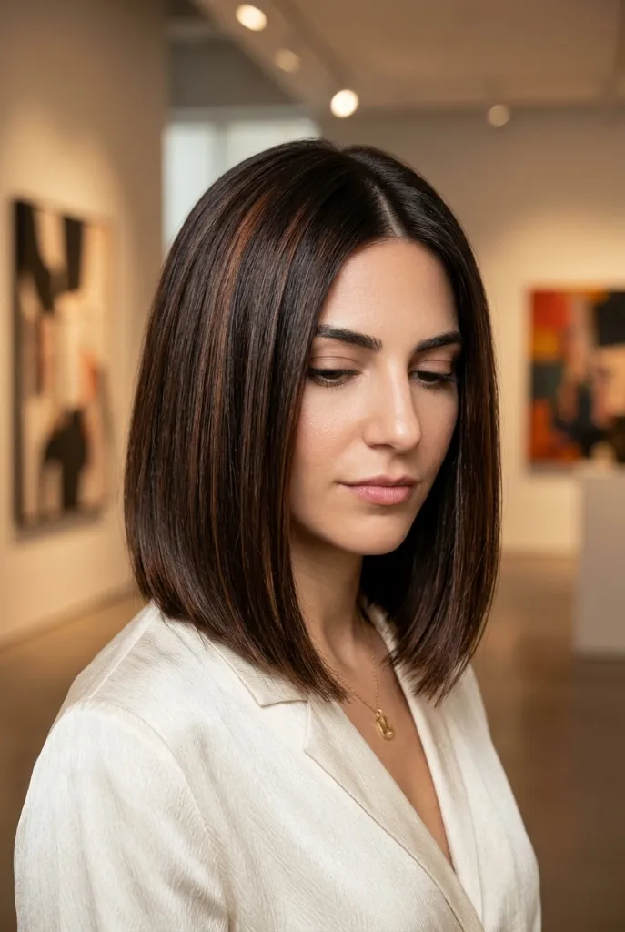 Espresso Lob Copper Threads Brunette Hair Color 2026 Sleek espresso brown lob with subtle copper highlights and center part