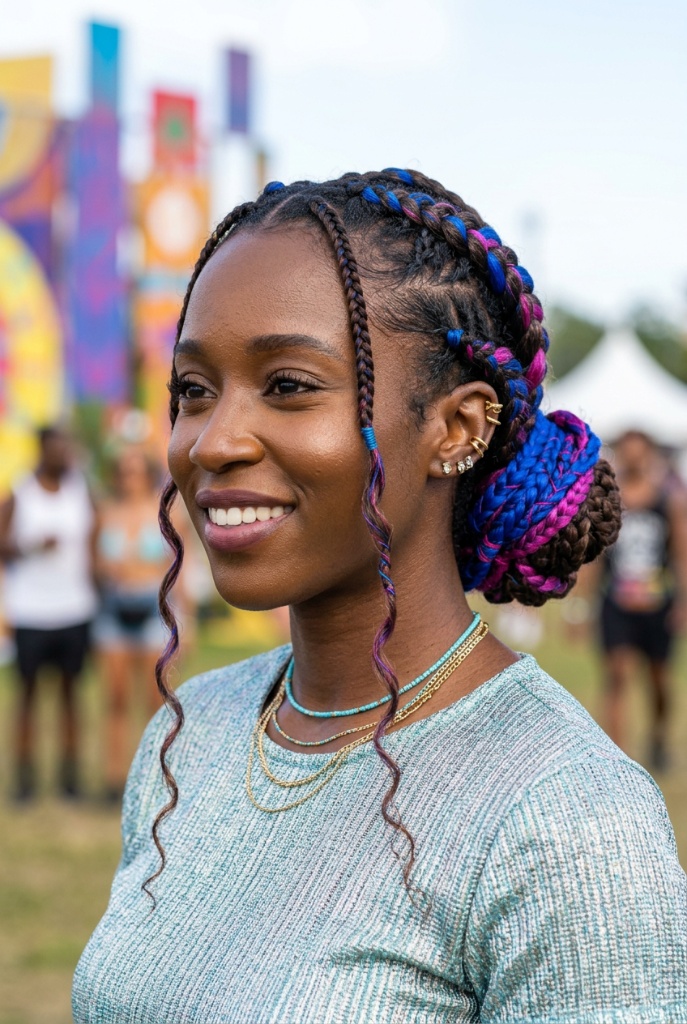 Colorful cornrow braids with blue and purple extensions gathered into a low bun at a music festival — vibrant, playful, celebratory