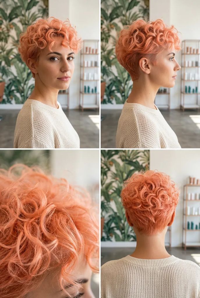 Curly peach coral pixie shown from four angles with tight curls on top and shaved sides in a tropical-themed salon