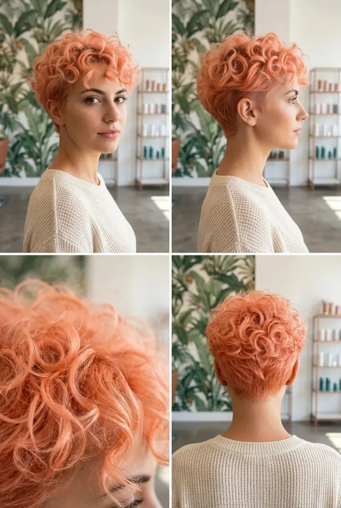 Curly peach coral pixie shown from four angles with tight curls on top and shaved sides in a tropical-themed salon
