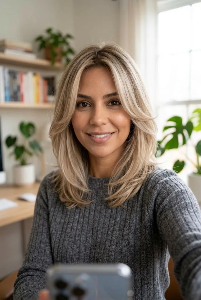Blonde medium-length hair with textured ends, woman taking selfie at home with plants