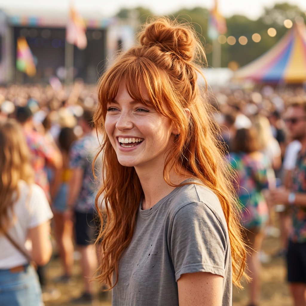 Festival fringe half-bun — red-haired woman with bangs and a high half-up messy bun, grey t-shirt, smiling at an outdoor music festival