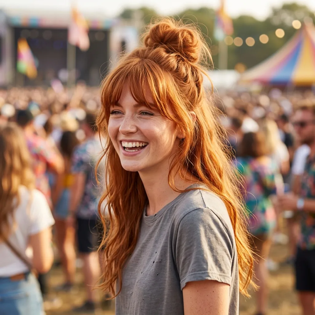 Festival fringe half-bun — red-haired woman with bangs and a high half-up messy bun, grey t-shirt, smiling at an outdoor music festival