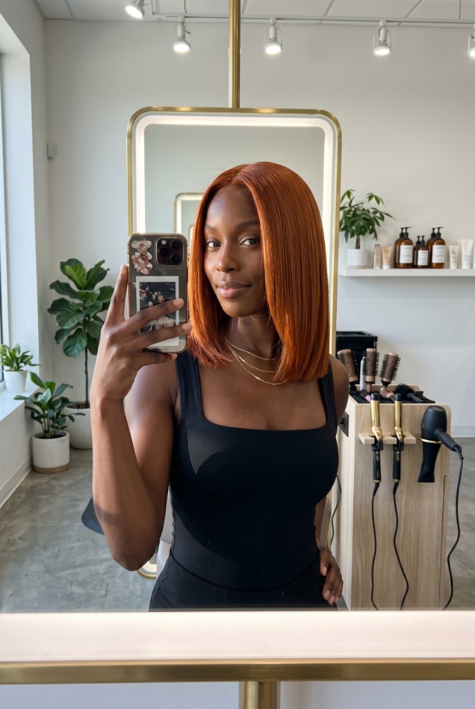 Burnt Orange Blunt Bob Hair Color Summer 2026 Woman with vibrant burnt orange copper blunt bob taking mirror selfie in salon
