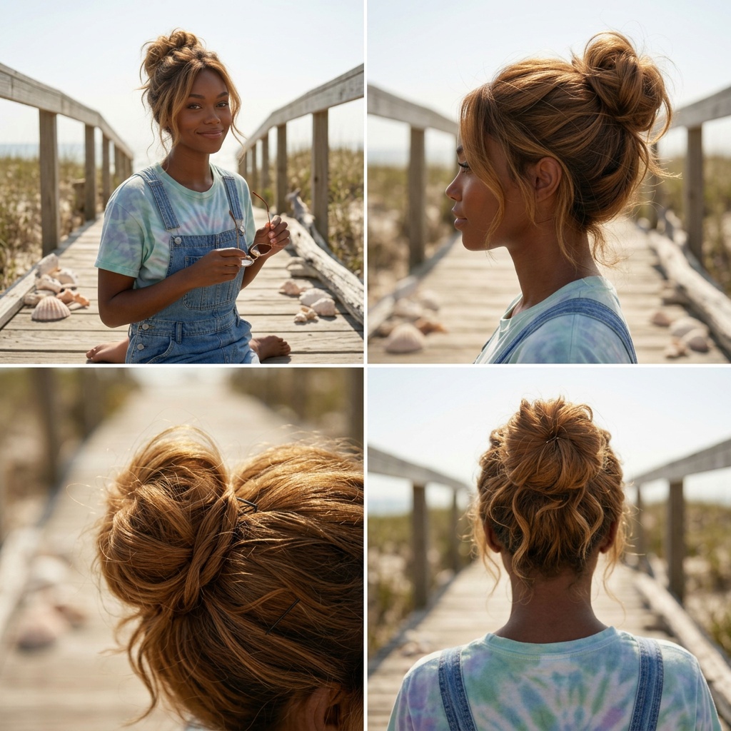 Beachside carefree topknot — multi-angle view of a high messy bun on warm-toned hair, tie-dye tee and overalls, on a sandy beach boardwalk with seashells