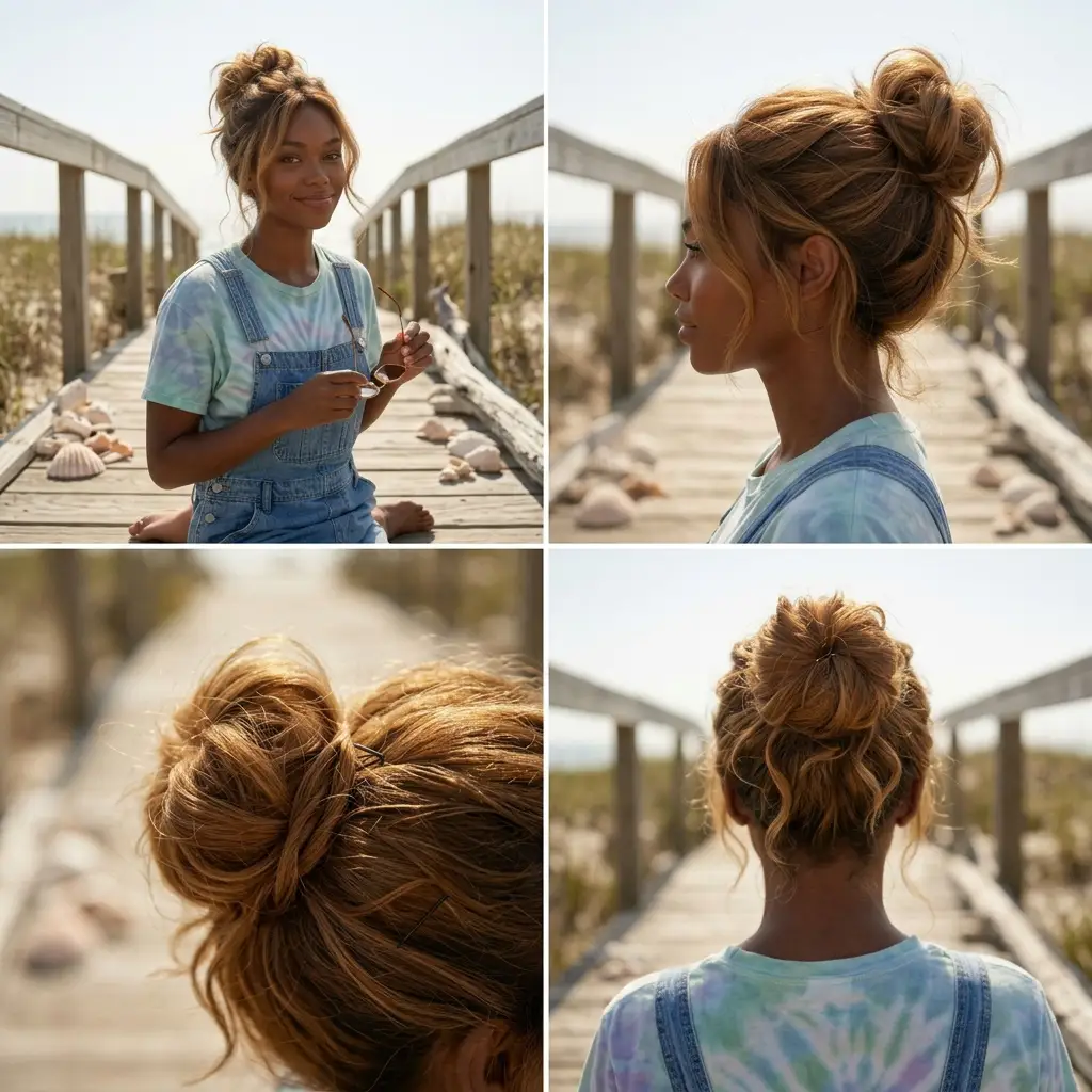 Beachside carefree topknot — multi-angle view of a high messy bun on warm-toned hair, tie-dye tee and overalls, on a sandy beach boardwalk with seashells