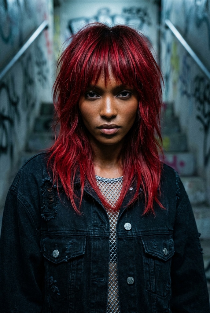 Cherry Punk Shag Haircut 2026 Medium-length vivid cherry red shag with heavy bangs in an urban graffiti tunnel