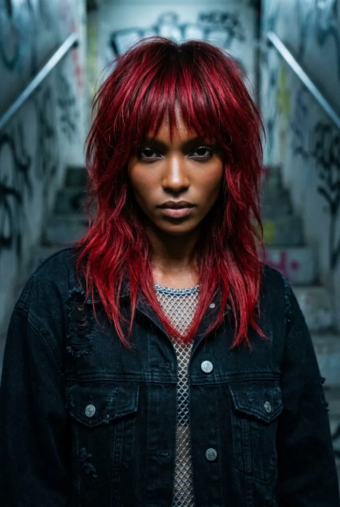 Medium-length vivid cherry red shag with heavy bangs in an urban graffiti tunnel