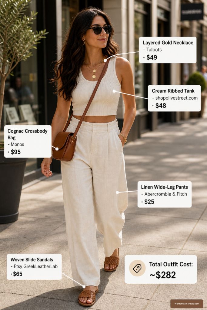 Cream Ribbed Tank with Linen Wide-Leg Pants
