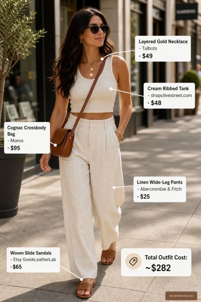 Cream Ribbed Tank with Linen Wide-Leg Pants