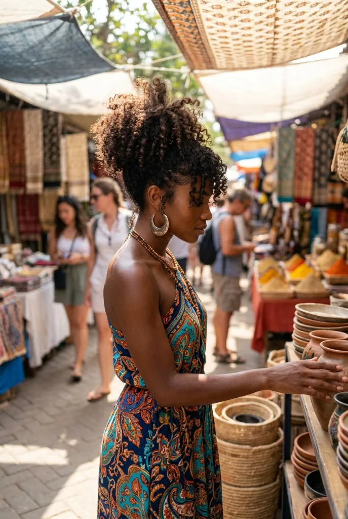 Curly high puff ponytail from behind, natural tight curls gathered high in a pineapple style, colorful paisley halter dress, browsing pottery at an outdoor market