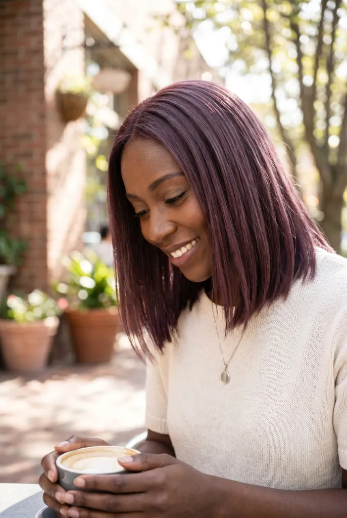 Plum Lob Summer Hair Color 2026 Woman with plum-purple toned straight lob smiling while holding coffee outdoors
