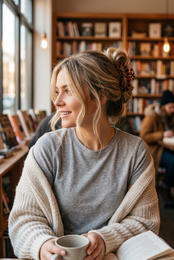 Casual claw clip updo with blonde highlighted hair in a tortoiseshell clip, loose messy twist, grey t-shirt with cream cardigan, cozy bookshop setting with coffee — casual intellectual vibe