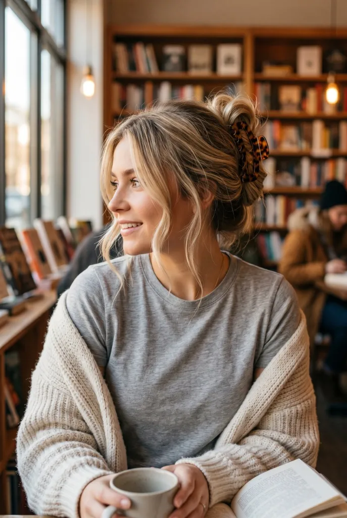 Casual claw clip updo with blonde highlighted hair in a tortoiseshell clip, loose messy twist, grey t-shirt with cream cardigan, cozy bookshop setting with coffee — casual intellectual vibe