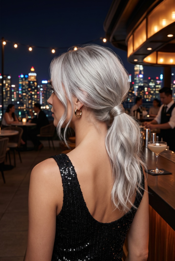 Tousled low ponytail with platinum silver hair, loose face-framing pieces, black sequin tank top, rooftop bar with city lights at night — glamorous nightlife vibe