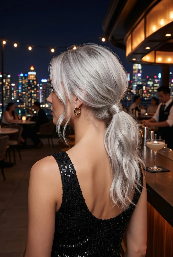 Tousled low ponytail with platinum silver hair, loose face-framing pieces, black sequin tank top, rooftop bar with city lights at night — glamorous nightlife vibe