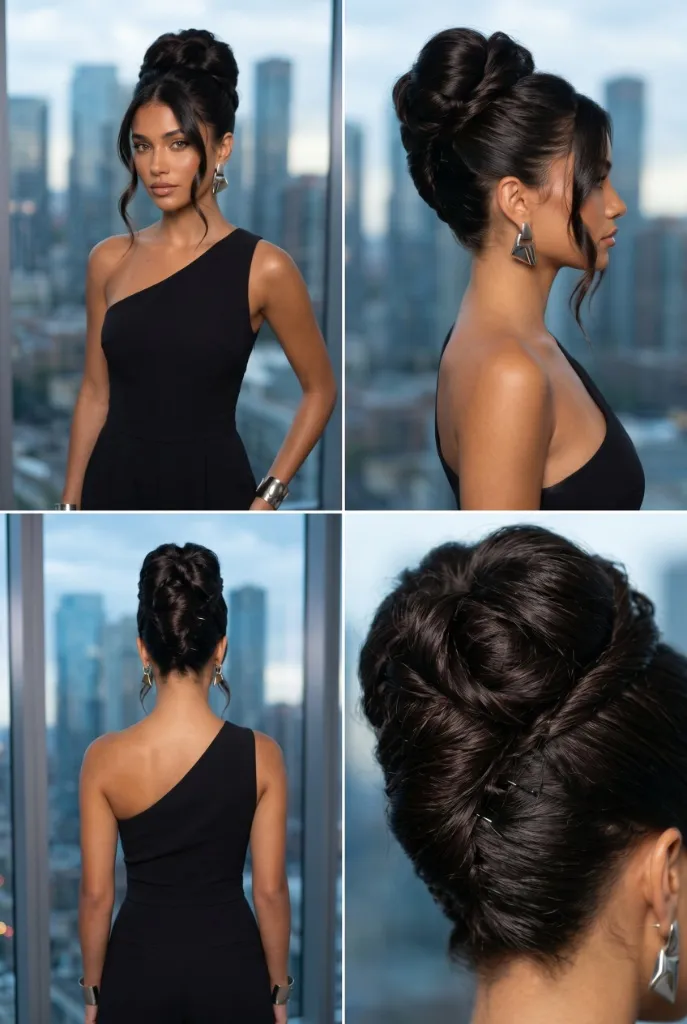 Sculptural French twist updo with dark hair swept into an elegant high twisted bun, one-shoulder black dress, cityscape background — glamorous editorial vibe