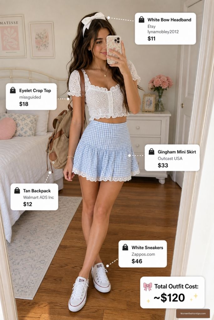 Gingham Skirt and Eyelet Top Outfit