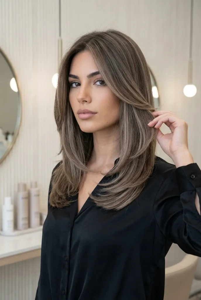 Bronde Butterfly Blowout Brunette Hair Color Summer 2026 Bronde butterfly blowout with face-framing layers and soft volume on medium-length brunette hair