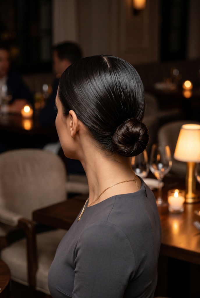 Classic low chignon updo with dark glossy hair in a neat round bun at the nape of the neck, warm candlelit restaurant ambiance — timeless elegant vibe