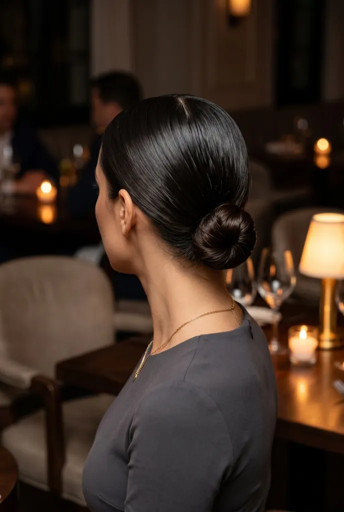 Classic low chignon updo with dark glossy hair in a neat round bun at the nape of the neck, warm candlelit restaurant ambiance — timeless elegant vibe