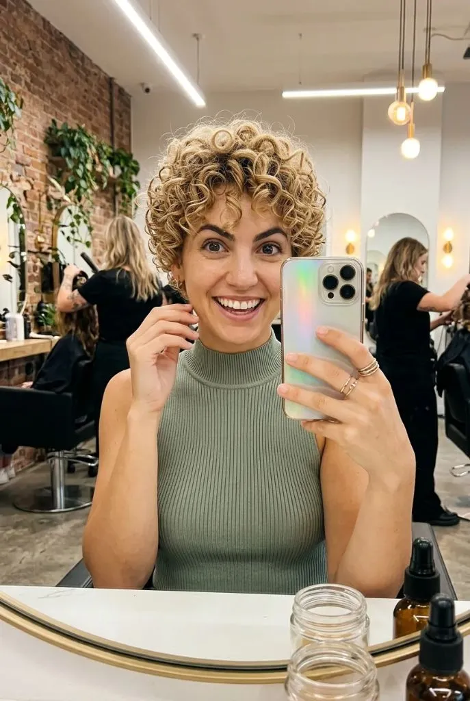 Short tight curly blonde pixie cut in a trendy salon with brick walls and warm lighting