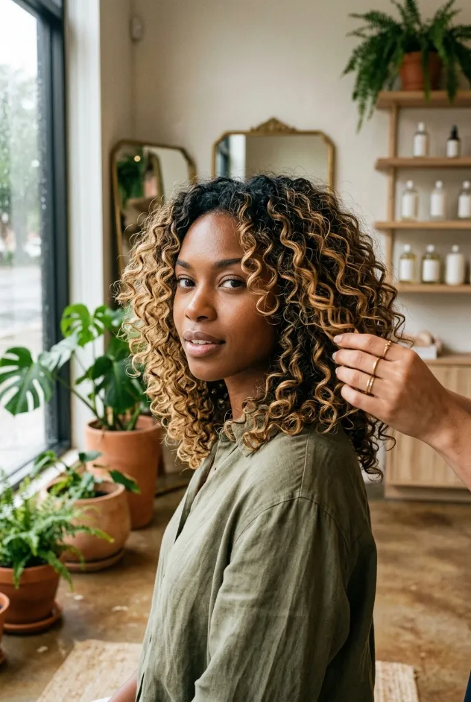 Caramel Balayage Natural Curls Blonde 2026 Curly hair with caramel blonde balayage highlights in a plant-filled salon