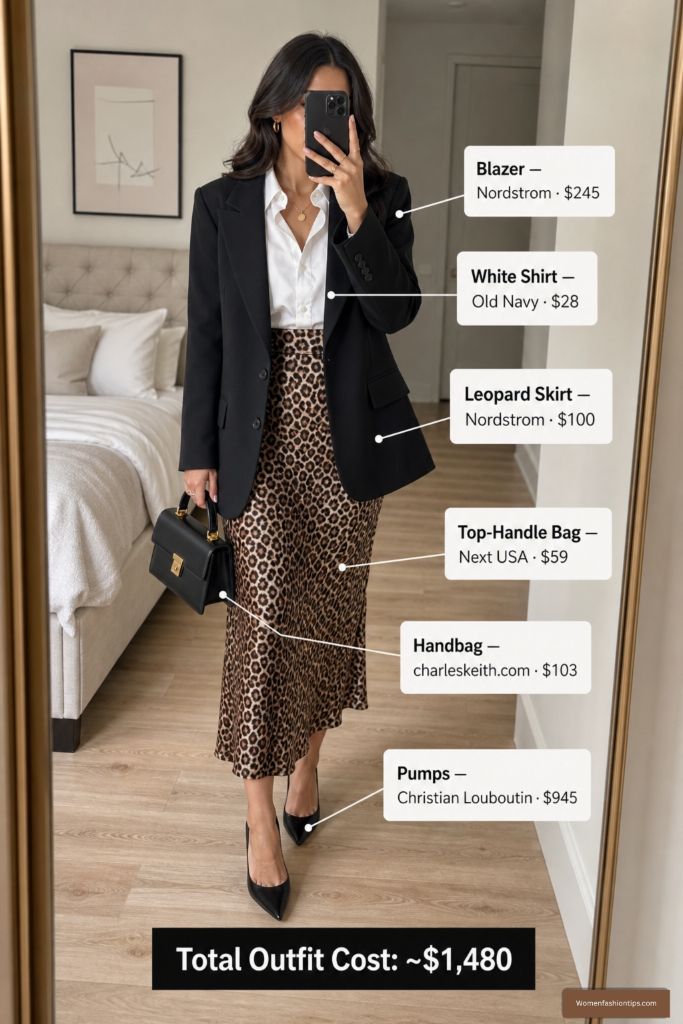 Black blazer white shirt leopard midi skirt outfit