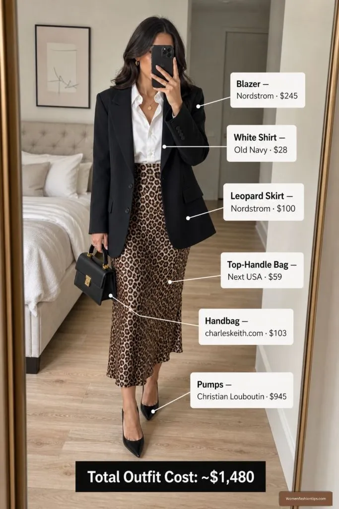 Black blazer white shirt leopard midi skirt outfit