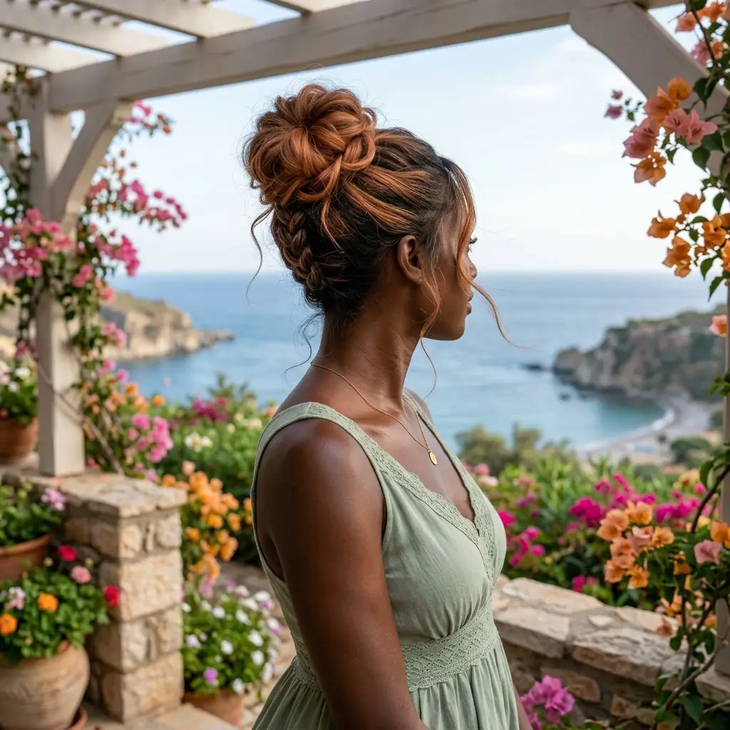 Mediterranean braided high bun — auburn-red hair braided and twisted into a high bun, sage green dress, overlooking a blue coastal cove with bougainvillea flowers