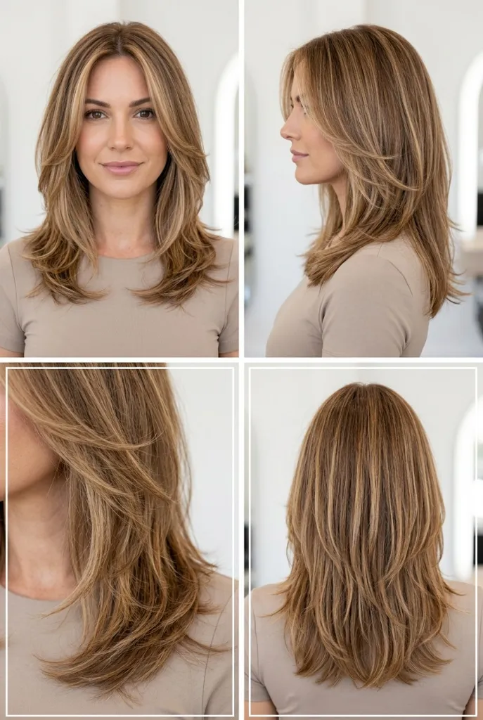 Medium-length layered brown hair with highlighted dimensions, four-angle salon view