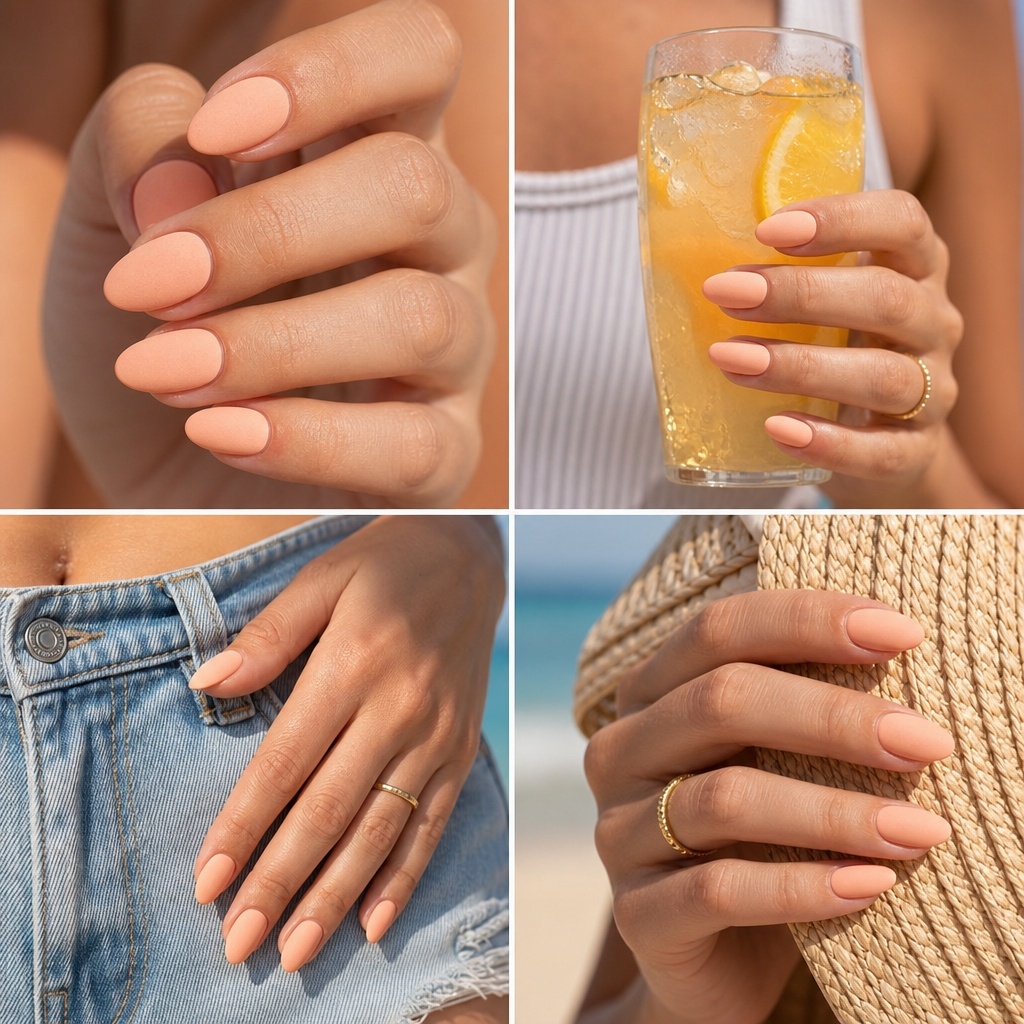 Soft Apricot Matte Nails 2026: sun-warmed peach on oval Soft Apricot Matte nails for summer. Summer vibes nails 2026 in muted peach with a velvety matte finish.
