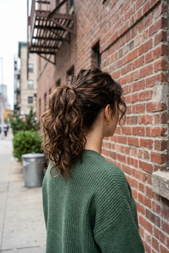 Textured curly ponytail from behind, brunette curls in a mid-height ponytail against brick wall, urban street style