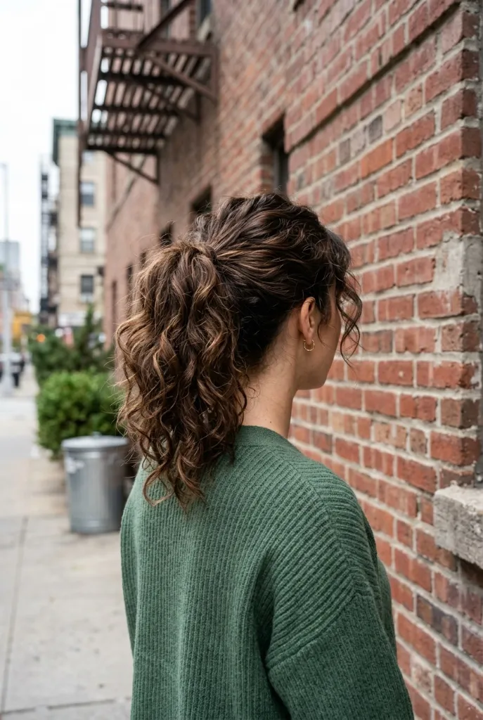 Textured curly ponytail from behind, brunette curls in a mid-height ponytail against brick wall, urban street style