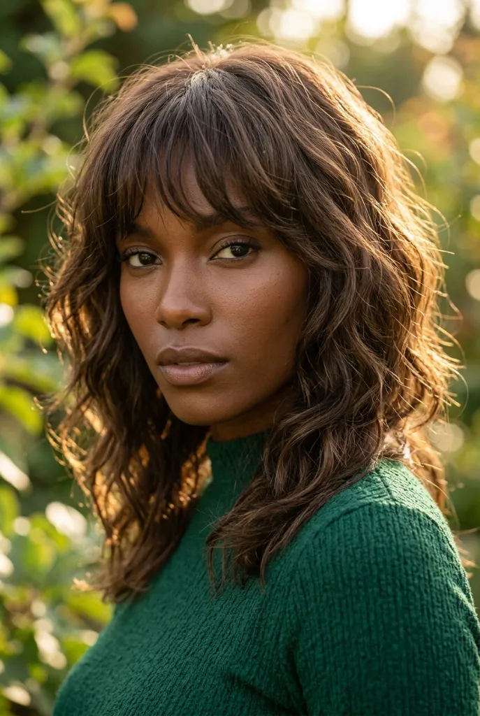 Medium-length curly brown shag with bangs in warm natural light surrounded by greenery