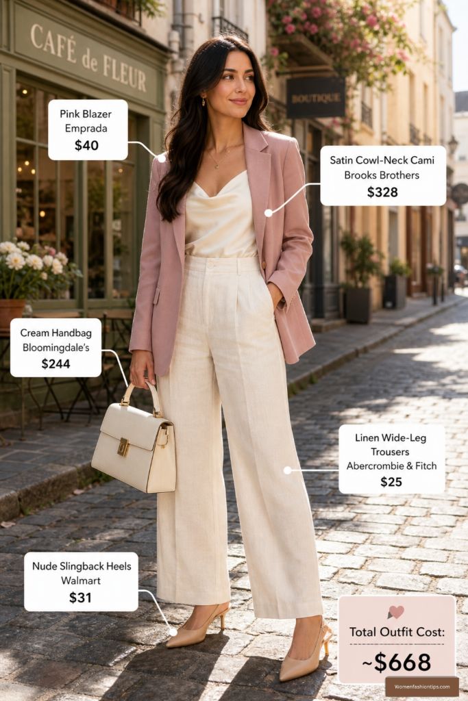 Pink Blazer and Cream Trousers Outfit