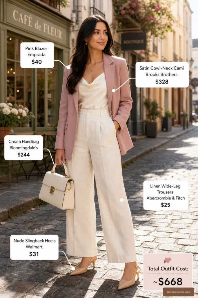 Pink Blazer and Cream Trousers Outfit