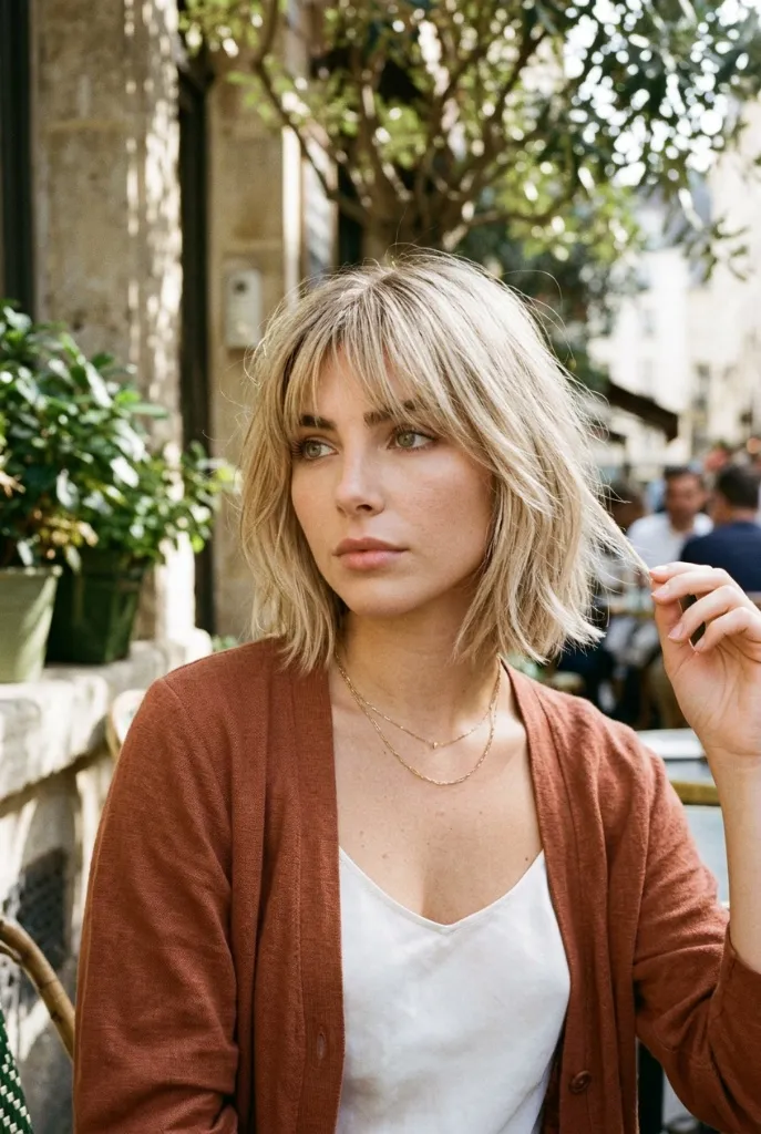 Chin-length blonde choppy shag with bangs at a European café terrace