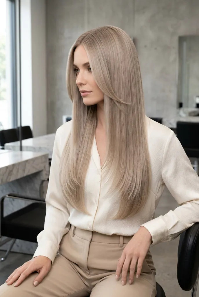 Cool Ash Straight Blonde Hair 2026 Very long straight ash blonde hair on a woman in a minimalist salon