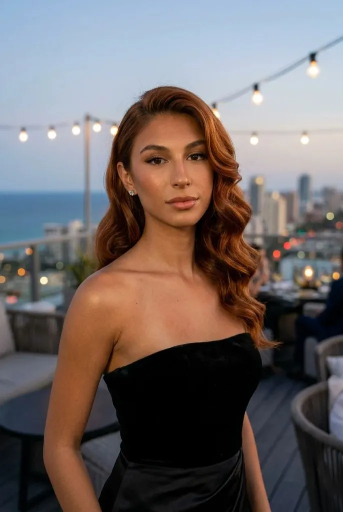 Classic Hollywood waves with rich copper auburn hair, strapless black dress, rooftop setting with string lights and city skyline — glamorous, sophisticated, editorial